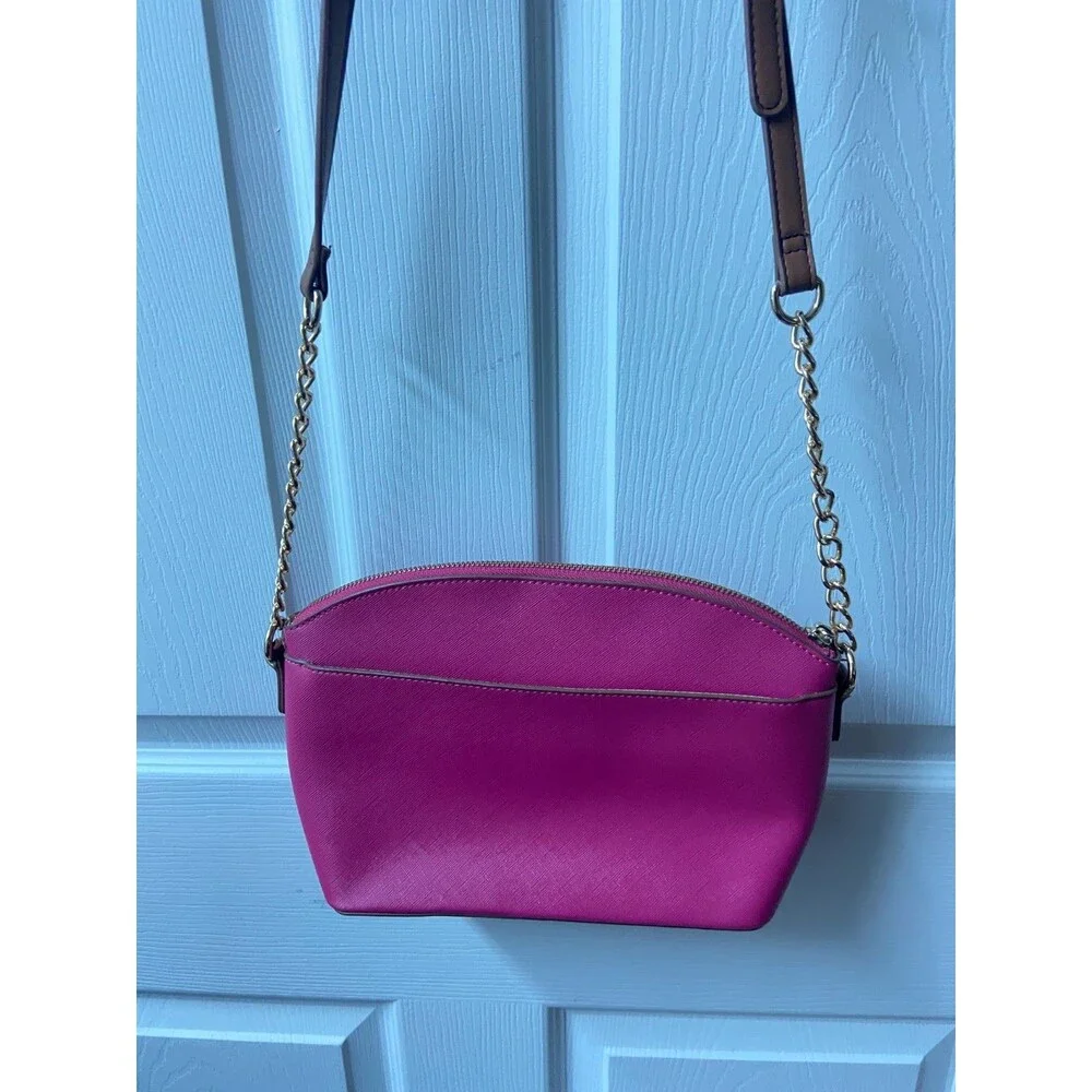 Anne Klein Faux Leather Hot Pink Logo Shoulder Bag Gold Hardware Chain Accent